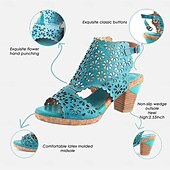 cheap Vacation Sandals-Women&#039;s Turquoise Cutout Leather Sandals – Vintage Hollow-Out Chunky Heel Peep-Toe Summer Shoes for Casual &amp; Boho Style