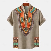cheap Classic-Men&#039;s Linen Shirt Henley Shirt Retro Shirts Vintage Shirt Ethnic Shirt Ethnic Vacation Daily Blue Green Khaki Short Sleeve Mandarin Collar Summer Spring Clothing Apparel Print