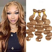 cheap 3 Bundles Human Hair Weaves-#27 Honey Blonde Human Hair Bundles with Closure Brazilian Hair Weave Bundles with Closure 10A Colored Body Wave Bundles 3PCS