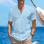 preiswerte Urlaub-Herren Hemd leinenhemd Hemd mit Stehkragen Popover-Shirt Sommerhemd Strandhemd Glatt Urlaub Curise Schwarz Weiß Rosa Grün Kurzarm Henley Sommer Bekleidung