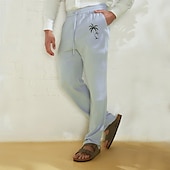 お買い得  メンズエリートパンツ-リネン 40% 男性用 リネンパンツ ズボン サマーパンツ ビーチパンツ ドローストリング 弾性ウエスト まっすぐな足 ココナッツの木 高通気性 全長 バケーション ビーチ ファッション カジュアル ブルー ブラウン