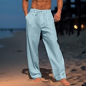 cheap Holiday-Men&#039;s Trousers Summer Pants Beach Pants Drawstring Pleats Straight Leg Plain Comfort Breathable Wedding Casual Daily Fashion Classic Style Black White