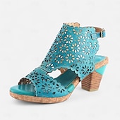cheap Vacation Sandals-Women&#039;s Turquoise Cutout Leather Sandals – Vintage Hollow-Out Chunky Heel Peep-Toe Summer Shoes for Casual &amp; Boho Style