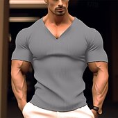 preiswerte Geripptes Strick-T-Shirt-Herren T Shirt Geripptes Strick-T-Shirt T-Shirt Kurze Ärmel V Ausschnitt Sommer Einfach Grubenstreifen Mode Designer Basic Knöpfe Urlaub Straße Ausgehen Schwarz Weiß Marinenblau Top T-Shirt für Herren
