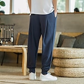 baratos Lar-Homens Calças de linho Calça verão Calça casual Bolsos Côr Sólida Respirável Comprimento total Esportes Relaxantes Casual Ajuste Largo Preto Azul Profundo Sem Elasticidade
