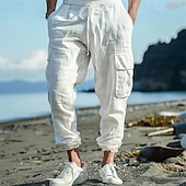 cheap Holiday-Men&#039;s Cargo Pants Linen Pants Trousers Summer Pants Beach Pants Drawstring Elastic Waist Multi Pocket Plain Comfort Breathable Full Length Casual Daily Holiday Fashion Classic Style Black White