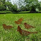 お買い得  パティオの装飾-鉄製の錆びた鳥の地面杭セット、庭の装飾用の錆びた鳥と木製のネジ、錆びた装飾の庭の杭、庭の再利用可能な錆びた装飾