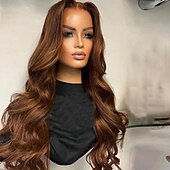 abordables Perruques à dentelle frontale-Perruque Cheveux vierges non transformés 13x4 devant en dentelle Cheveux Brésiliens Ondulé Marron Partie libre Femme Densité 130% 150% avec des cheveux de bébé Ligne de Cheveux Naturelle 100% vierge