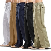 cheap Classic-Men&#039;s Linen Pants Trousers Summer Pants Beach Pants Pocket Drawstring Elastic Waistband Plain Comfort Breathable Full Length Daily Streetwear Fashion Casual / Sporty Loose Fit Dark Khaki Black
