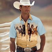 cheap Men&#039;s Western Shirts-Men&#039;s Horse Shirt Western Shirt Cowboy Shirt Short Sleeve Western Style Tribal Outdoor Summer Spring Shirt Collar Khaki