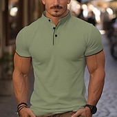 cheap Sports-Men&#039;s Golf Shirt Golf Polo Work Casual Stand Collar Short Sleeve Basic Modern Color Block Patchwork Button Spring &amp; Summer Regular Fit Wine Pink Navy Blue Green Golf Shirt