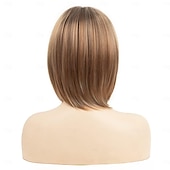 economico parrucca più vecchia-parrucca corta da pixie bob con riflessi biondi con frangia parrucca sintetica bionda ombre dritta con parrucche bionde a strati di radici scure per le donne