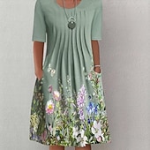 economico Abito Floreale-Vestito Midi Donna Vestito Casual Floreale Arricciato Stampa con Tasche Collo Giro Base Classico Quotidiano Manica Corta Estate Primavera