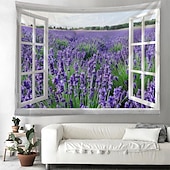 お買い得  風景タペストリー-窓の花畑吊りタペストリー壁アート大きなタペストリー壁画装飾写真背景ブランケットカーテン家寝室リビングルーム装飾