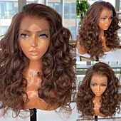 abordables Perruques à dentelle frontale-Perruque Cheveux Naturel Rémy 13x4 devant en dentelle Cheveux Brésiliens Ondulé Ondulation Lâche Marron Partie libre Femme Densité 130% 150% avec des cheveux de bébé 100% vierge Sans colle Pré-plumé