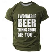 お買い得  メンズおもしろTシャツ-男性用 &quot;ビールも私のことを考えているのかな&quot; おもしろグラフィックTシャツ | ビール好きショートスリーブTシャツ