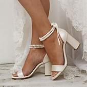 White Satin Wedding Sandals with Pearl Anklet and Block Heels - Elegant Bridal Shoes for Special Occasions 8