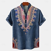 abordables Classique-Homme Chemise Lin Chemise Henley Shirt chemises rétro Chemise Vintage Chemise ethnique Ethnique Vacances du quotidien Bleu Vert Manche Courte Col Mao Eté Printemps Vêtement Tenue Imprimer