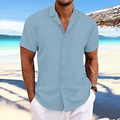 cheap Men&#039;s Button Up Shirts-Men&#039;s Shirt Summer Shirt Beach Wear Button Up Shirt Casual Shirt Black White Navy Blue Blue khaki Short Sleeve Stripes Lapel Daily Vacation Clothing Apparel Fashion Casual Comfortable
