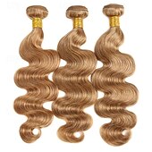 cheap 3 Bundles Human Hair Weaves-#27 Honey Blonde Human Hair Bundles with Closure Brazilian Hair Weave Bundles with Closure 10A Colored Body Wave Bundles 3PCS