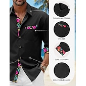 voordelige Vakantie-Voor heren Overhemd linnen overhemd Zomer overhemd Strand Kleding Overhemd met knopen Bloemig Vakantie Curise Zwart Wit Blozend Roze blauw Lange mouw Revers Lente &amp; Herfst Kleding Splits
