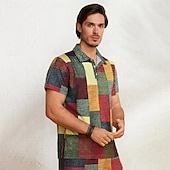 cheap Men&#039;s Color Block Polo-Men&#039;s Plaid Waffle Polo Shirts Golf Shirt Short Sleeve Polo Shirts Collared Shirts Vintage Casual Vacation Wear Formal Wear Festival Wear Buttons 3D Print Light Yellow Crystal / Orange Yellow