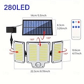 abordables Lampadaires-Projecteur solaire Shustar-280 LED, éclairage d&#039;extérieur avec détecteur de mouvement, éclairage de sécurité solaire avec télécommande, 3 modes, 3 têtes avec rallonge pour jardin, garage, porche