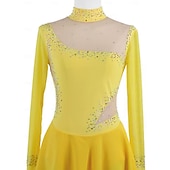 cheap Figure Skating Dresses-Figure Skating Dress Women&#039;s Girls&#039; Ice Skating Dress Yellow Patchwork Thumbhole Mesh Spandex Stretchy Training Practice Professional Skating Wear Thermal Warm Crystal / Rhinestone Long Sleeve Ice