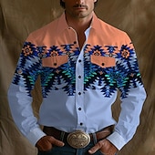abordables camisas occidentales de los hombres-Hombre azteca Tribal Ética / Africana camisa occidental Camisa vaquera Manga Larga Vintage estilo occidental Tribal Exterior Vacaciones Carrera de caballos Primavera verano Cuello Vuelto Estampado