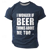 お買い得  メンズおもしろTシャツ-男性用 &quot;ビールも私のことを考えているのかな&quot; おもしろグラフィックTシャツ | ビール好きショートスリーブTシャツ