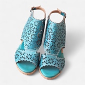 cheap Vacation Sandals-Women&#039;s Turquoise Cutout Leather Sandals – Vintage Hollow-Out Chunky Heel Peep-Toe Summer Shoes for Casual &amp; Boho Style