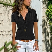 voordelige Vrouwen Werk Tops-Overhemd Blouse Dames Blozend Roze Paars Grijs Effen Zak Knop Straat Dagelijks Modieus Overhemdkraag Normale pasvorm S