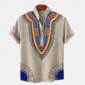 tanie Klasyczny-Męskie lniana koszula Koszula Henley koszule w stylu retro Koszula w stylu vintage Koszula etniczna Urlop Codzienny Zielony Khaki Beżowy Krótki rękaw Kołnierzyk chiński Lato Wiosna Odzież Druk 3D