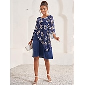 billige Blomstrete kjoler-kvinners bryllup gjestekjole en linje kjole elegant blomstret midikjole chiffon utsvingte ermer rund hals patchwork vanlig passform bryllup gjestecocktailparty blå sommer