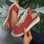 abordables Sandales Décontractées-Sandales compensées pour femmes, sandales à plateforme ajourées, bout ouvert, sangle arrière, noir, marron vin