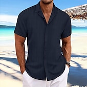 cheap Men&#039;s Button Up Shirts-Men&#039;s Shirt Summer Shirt Beach Wear Button Up Shirt Casual Shirt Black White Navy Blue Blue khaki Short Sleeve Stripes Lapel Daily Vacation Clothing Apparel Fashion Casual Comfortable