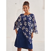 billige Blomstrete kjoler-kvinners bryllup gjestekjole en linje kjole elegant blomstret midikjole chiffon utsvingte ermer rund hals patchwork vanlig passform bryllup gjestecocktailparty blå sommer