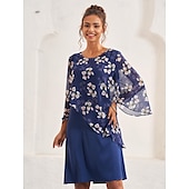 billige Blomstrete kjoler-kvinners bryllup gjestekjole en linje kjole elegant blomstret midikjole chiffon utsvingte ermer rund hals patchwork vanlig passform bryllup gjestecocktailparty blå sommer