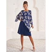 billige Blomstrete kjoler-kvinners bryllup gjestekjole en linje kjole elegant blomstret midikjole chiffon utsvingte ermer rund hals patchwork vanlig passform bryllup gjestecocktailparty blå sommer