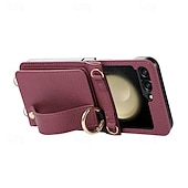 levne Pouzdra pro Samsung-telefon Carcasă Pro Samsung Galaxy Z Flip 6 Z Flip 5 Z Flip 4 Z Flip 3 Zadní kryt se stojánkem s poutkem na zápěstí Slot pro kartu Retro TPU Kov PU kůže