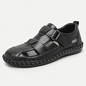 billige Kjole sandaler-Herre Sandaler fiskere sandaler Fritid Strandstil Lær Pustende Bekvem Sklisikker Nylonteip Spenne Svart kaffe