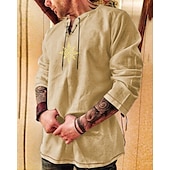 economico Casual da lavoro-Per uomo Camicia Camicia in lino e cotone Maglietta informale Solari Festa / Serata Mascherata Nero Blu Cachi Verde militare Manica lunga Girocollo Primavera &amp; Autunno Abbigliamento Lacci