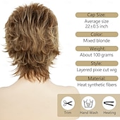 economico parrucca più vecchia-parrucche di capelli corti con taglio pixie per donne bianche parrucca sintetica a strati ondulati marroni misti biondi con frangia parrucca da festa quotidiana dall&#039;aspetto naturale