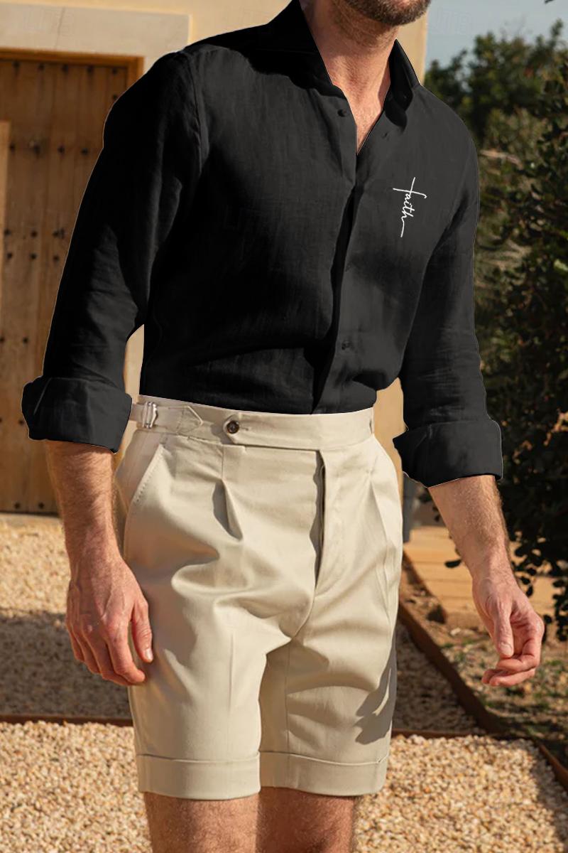 ieftine Business Casual-Bărbați Cămașă Cămașă albă din bumbac Cămașă casual Cămașă din bumbac și in Cămașă din bumbac Σταυρός Vacanță Hawaiian Negru Alb Roz Îmbujorat Gri Manșon Lung Rever Primăvara &amp; toamnă Îmbrăcăminte