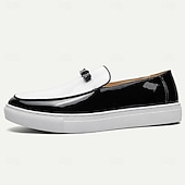 levne Neformální-pánské černo-bílé lakované mokasíny z umělé kůže s mašlí – stylové slip-on společenské boty na formální události a večírky