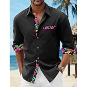 voordelige Vakantie-Voor heren Overhemd linnen overhemd Zomer overhemd Strand Kleding Overhemd met knopen Bloemig Vakantie Curise Zwart Wit Blozend Roze blauw Lange mouw Revers Lente &amp; Herfst Kleding Splits