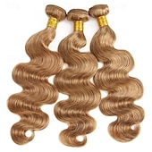 cheap 3 Bundles Human Hair Weaves-#27 Honey Blonde Human Hair Bundles with Closure Brazilian Hair Weave Bundles with Closure 10A Colored Body Wave Bundles 3PCS