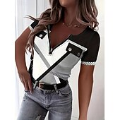 cheap Stripe&amp;Geometric tee-Women&#039;s T Shirt Color Block Fashion Short Sleeve V Neck Regular Tops Daily Weekend Print Quarter Zip Black Summer