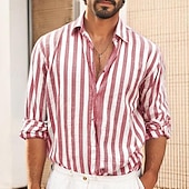 preiswerte Business Casual-Herren Hemd Weißes Baumwollhemd Freizeithemd Baumwoll-Leinen-Hemd Gestreifte Hemden Gestreift Urlaub Hawaiianisch Schwarz Rosa Rote Marineblau Langarm Umlegekragen Frühling &amp; Herbst Bekleidung