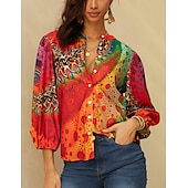 abordables Tops Boho pour Femmes-Chemise Femme Manches Longues Blouse Boutonnée Quotidienne Basique Néon  Lumineux Boutons Imprimé Hauts Regular Col en V Décontracté Jaune Orange Automne  Hiver